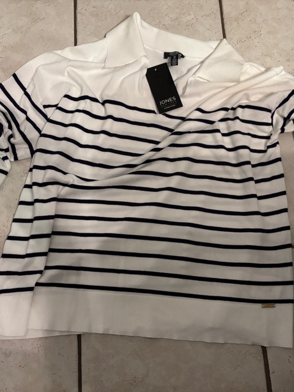 Jones New York White and Navy Striped Short-Sleeve Polo Sweater